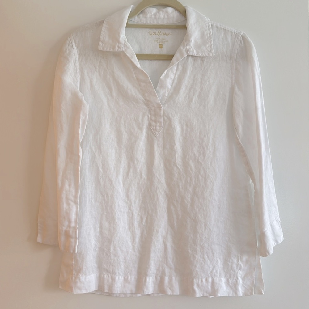Lilly Pulitzer Gasparilla Tunic White Linen Blouse Shirt Top Size XS